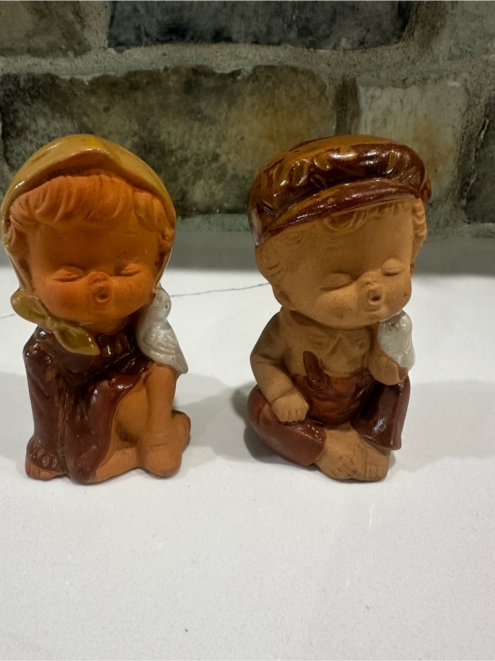 vintage Japanese unglazed red clay (terracotta) or stoneware figurines  Boy Girl
